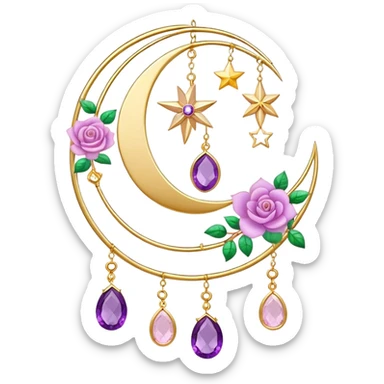Epic beautiful gorgeous cute gold suncatcher, threads with shiny sparkly amethyst and rose-quartz gemstones, flowers, crescents-moons, stars, leaves sticker