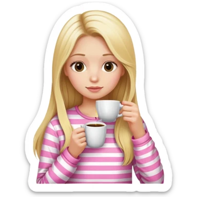 girl with long blonde hair sipping coffee in pink striped pajamas  sticker