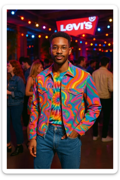 A stylish man in mesmerizing, colorful clothing at a Levi's party, incorporating denim jeans and a fun, social setting. sticker