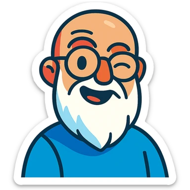 vibrant toon style of a bald man with glasses, long white beard, winking sticker