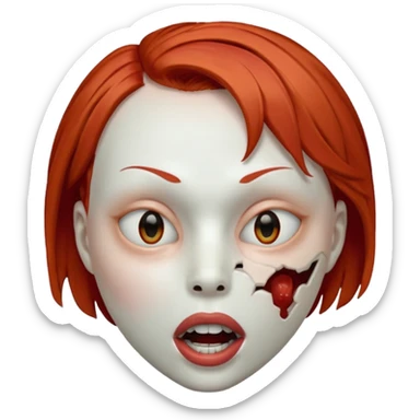 Empty mask resembling a head of a female with short red hair, hollow eye sockets and open mouth sticker