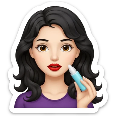 A gorgeous with black wavy hair women applying lipbalm on her brown lips sticker