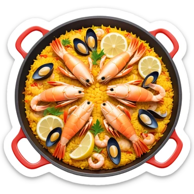 cinematic-realistic-paella-dish-emoji,-depicted-as-a-vibrant,-aromatic-rice-dish-loaded-with-seafood,-chicken,-and-saffron-rendered-with-rich-textures-and-dynamic,-warm-lighting with a lemon slice in the middle sticker