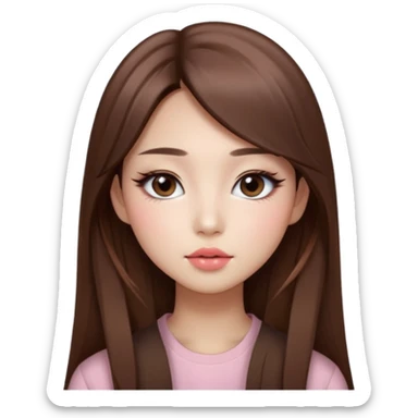 “korean straight long brown hair Emoji girl, soft eyeliner and blush, gradient lips, light brown shimmer eyeshadow sticker