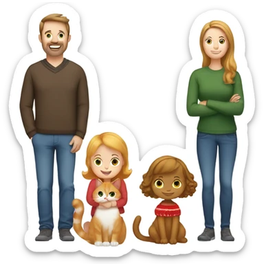 Family of 3 people and a cat: Brown hair dad , brown hair mom , blond little daughter and a ginger cat in Christmas Day  sticker