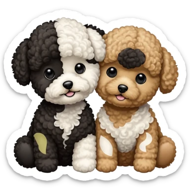 Two small, fluffy dogs with a toy poodle / bichon-like appearance, both with round faces, black button eyes, and short snouts. Their fur is bright white, tightly curled, and freshly groomed, styled in a plush, teddy-bear cut. sticker