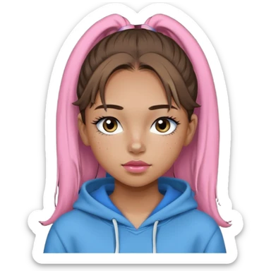 Create a teenage girl with straight light brown hair pulled into a ponytail, tan skin, light freckles, and blue-grey eyes. She will have pink lips and long black eyelashes. She will be wearing a big black hoodie. sticker