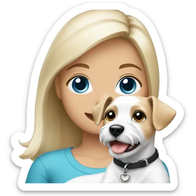 girl with blond hair and blue eyes holding a white russel terrier dog sticker