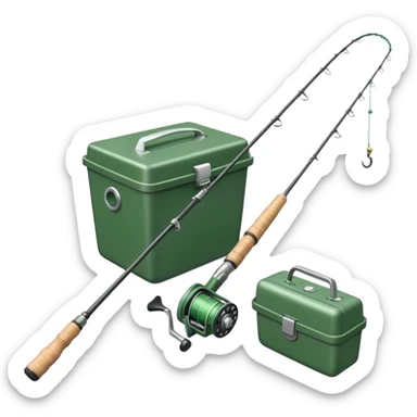 A fishing rod with reel and line neatly coiled beside a bait box.

 sticker