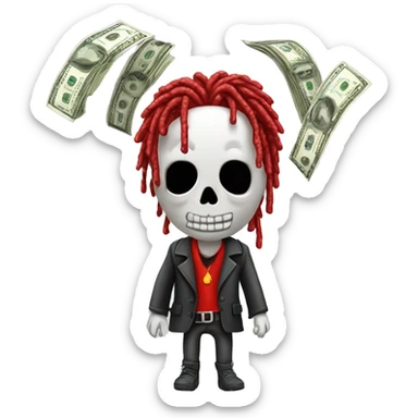 Young hustler skeleton with red color dreads  money falling down like rain drops sticker