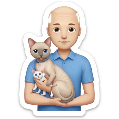 A couple a man and a woman. The man  is bald with a tiny beard and wearing a blue shirt, is holding a Siamese cat in his arms. The woman, who has light hair and is wearing a white dress, is holding a white Sphynx cat in her arms sticker
