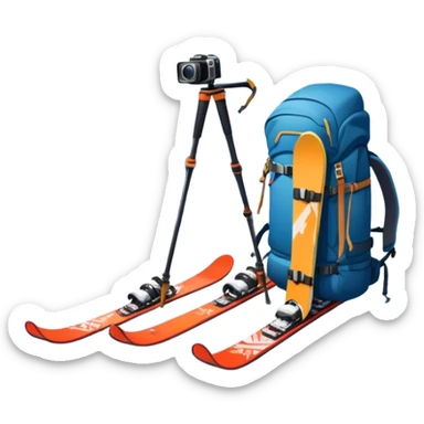  a snowy mountain peak in the landscape, with skis, a snowboard, an ice axe, a backpack and a camera. The icon should capture the adventure and exploration of mountain landscapes. Transparent background. sticker
