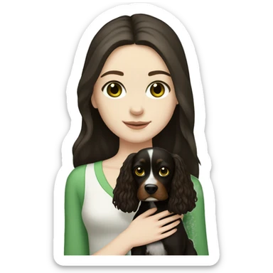 pale skin girl with green eyes with long dark brown hair that had a flower in her hair  holding a black and brown cavalier dog  sticker