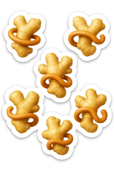 emoji stile iphone 3d di 6 piccoli pezzi di zenzero che fluttuano in aria con pezzi di colon arrotolati intorno, iperrealistico 4k sticker