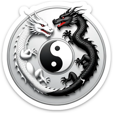 An icon symbolizing Eastern martial arts in the style of an emblem, featuring a black-and-white Yin-Yang symbol and a dragon at the center, surrounded by elements like a dojo. Transparent background highlights balance and power. sticker