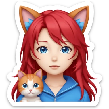 cute anime girl with cat ears, red blowing hair sticker