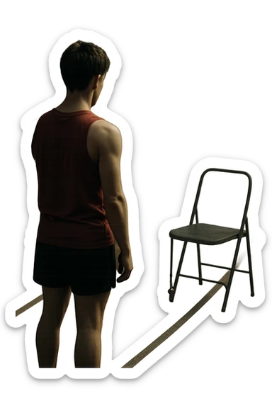 cinematic a person stands alone on a running track or in a fitness studio, glancing toward an empty coach’s chair or whistle hanging on a hook. The absence of the coach is emphasized by a faint, transparent silhouette or shadow where the coach should be. The atmosphere is quiet and a bit disheartened. in italiano sticker