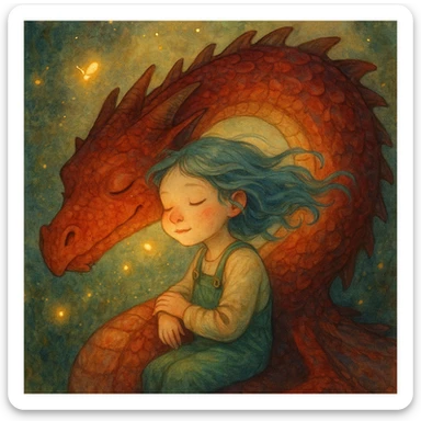 A dreamy, ethereal illustration of a young girl peacefully sleeping on the long, curved neck of a red dragon, cheek to cheek. Her blue hair flows gently as if caught in a soft breeze, and she wears delicate green overalls. The dragon’s skin has intricate, painterly textures, glowing subtly under the warm, golden light. Tiny fireflies and soft, ambient light enhance the magical atmosphere. Highly detailed, whimsical, children's book illustration style, with soft yet rich colors, gentle lighting, and a fantasy storytelling feel. Watercolor-like textures, hand-painted aesthetics, cinematic composition. sticker
