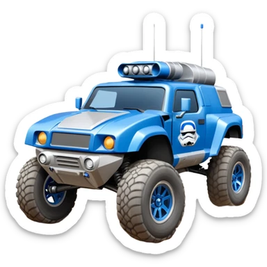 Star Wars’s Range trooper’s police evil darkly night blue Dirty and dented Local Motors Rally Fighter off road race car hot rod meets hummer trophy truck-style basher flying down a dusty road catching everything (silver wheels) sticker