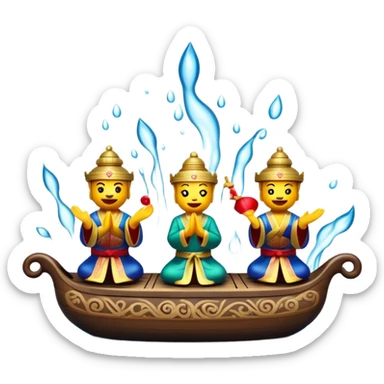 Cinematic Realistic Water Puppetry Emoji, depicted as a whimsical scene of traditional water puppets performing on a reflective water stage, rendered with vivid textures and dynamic playful lighting that captures its enchanting charm. sticker