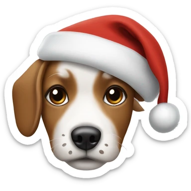 White with brown highlights small dog wearing a Santa hat sticker