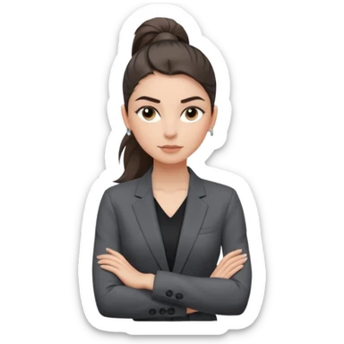 สีตาสีเทาอ่อน มีประกายคม
คิ้วได้รูป มองแล้วดูสตรอง
ผมหางม้าสูง
ลุคสตรีทแฟชั่น
ท่าโพสกอดอก
ฟีล: Girl Boss, cool beauty, minimal but powerful sticker