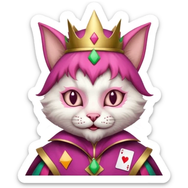 court jester cat medieval, single poker card joker clearly visible, pink, face only sticker