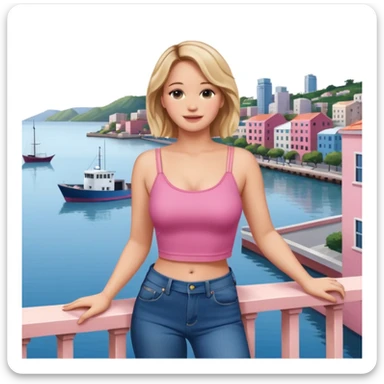 jennifer lawrence, pink crop top, and blue jeans, leaning on a balcony with a harbor and cityscape in the background, smiling sticker
