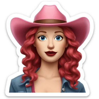 White Woman with wavy wine red hair and pale face makeup on, red lips, blue eyeshadow, and a pink cowboy hat on sticker