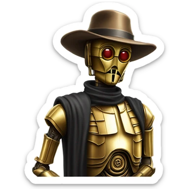 Old dirty west Bounty hunter C3po wearing small hat relaxed pose sticker
