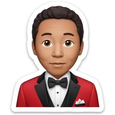 Smokey Robinson with dark brown hair, red suit with bow tie sticker