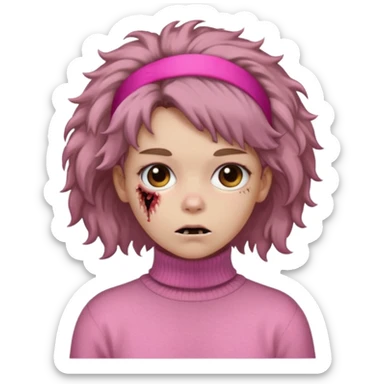 brown fluffy haired zombie with pink turtleneck sweater and hair band sticker