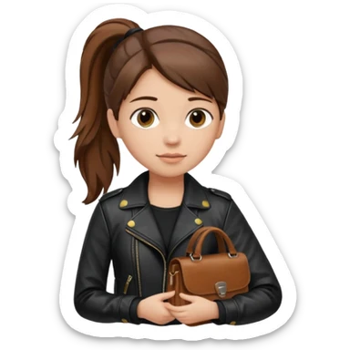A girl with a pony tail brown hair and white ish skin with a black jacket and a brown purse  sticker