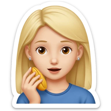 A girl holding an boys ear sticker