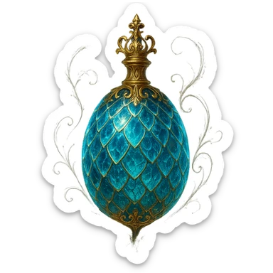 luxurious crystal elixir bottle in an oval shape resembling a dragon egg, with magical scale patterns on the surface, lots of glowing, edges, ornaments, golden details, magical effects, very small golden neck, transparent background, beautiful merging bottom, clearly floating in the air, no base or shadow, premium class impression, magical and mysterious design fitting a collection of crystal, luxurious, magical bottles sticker
