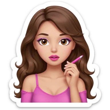 girl with long wavy brown hair, brown eyes, light to medium complexion, in a pink sexy top, pink lips, long lashes, shhhh sticker
