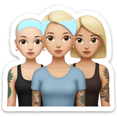 throuple blonde femaleand brunette female with bald tattooed sticker