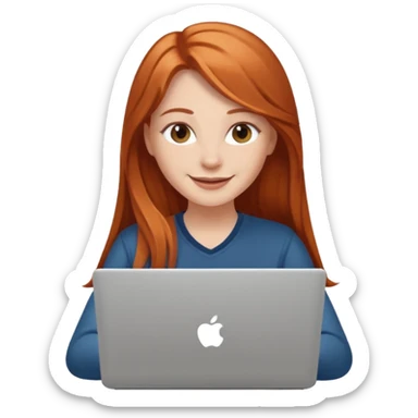 Chica blanca con cabello cobrizo largo vestida de blanco sonriendo en laptop sticker