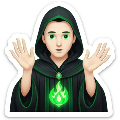 A dark sorcerer in flowing black robes, conjuring eerie green flames sticker
