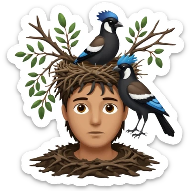 A man who has a magpie birds nest on top of his head for hair sticker