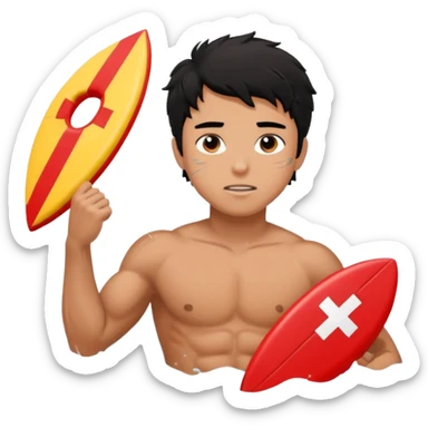 Dark Tan Muscular teen lifeguard boy with messy black hair in action saving a life sticker