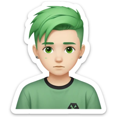 Nam 15 tuổi, da trắng, tóc under cut màu xanh lá cây, áo phong cách rock sticker