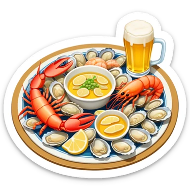 Qingdao seafood with beer, simplified emoji style with bold outlines and bright colors, cartoon style Chinese seafood platter with yellow beer sticker