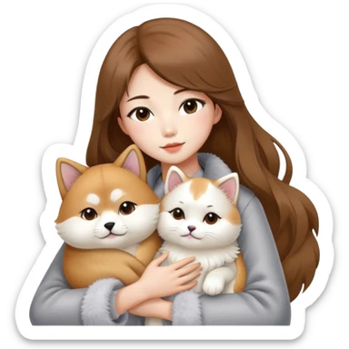 A Chinese fashion girl with brown hair, wearing a light gray fur coat, hugging a Shiba Inu and a long-haired white Persian cat. sticker