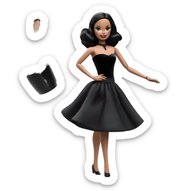  Bunny Wednesday Addams Barbie dancing.  Longer hair, short black flowing strapless evening gown with  plunging neckline that’s off-the-shoulders that also shows her legs and black shiny velvet high heel shoes. sticker