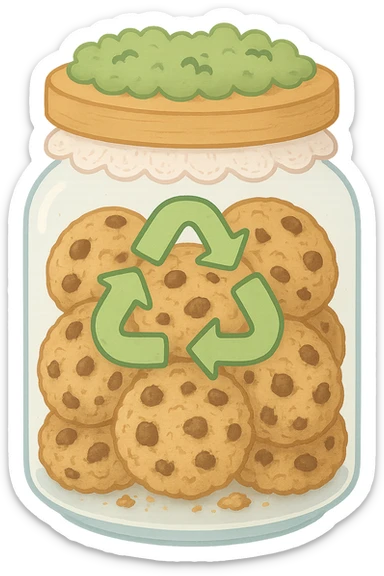 Fill the inside of this exact cookie jar with cookies, keeping the same cottagecore style, glass jar, wooden lid, lace, moss, and recycling symbol. No words or text. Maintain the transparent background. The style is cottagecore with delicate details on the glass jar, wooden lid, lace, moss, and recycling symbol. sticker