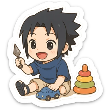 Kid Sasuke, playing with toys with a bright smile, adorable chibi sticker, innocent version of Sasuke sticker