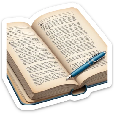 Create a detailed emoji representing the process of writing texts for comic books. The design should feature a large, open comic book with vintage comic strips visible on its pages. A pen should be shown writing text on one of the comic panels, but without a hand. The pencil should appear as though it is actively creating the dialogue or narration. Use a classic color palette with muted tones for the comic book and brighter accents on the pencil to draw attention to the writing process. Do not include any emojis or smiley faces. Make the background transparent. sticker