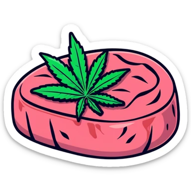 Pink wagyu steak with cannabis leaf decoration sticker