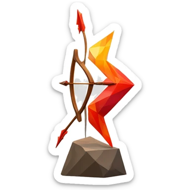 A bow and arrow symbol sculpture with a geometric, faceted design. The symbol is standing upright with angular and disney features. The vibrant red flame colors highlights the sharp edges and planes. sticker
